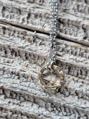 Open image in slideshow, Tiny Hammered 14k gold circle ( yellow or rose) necklace
