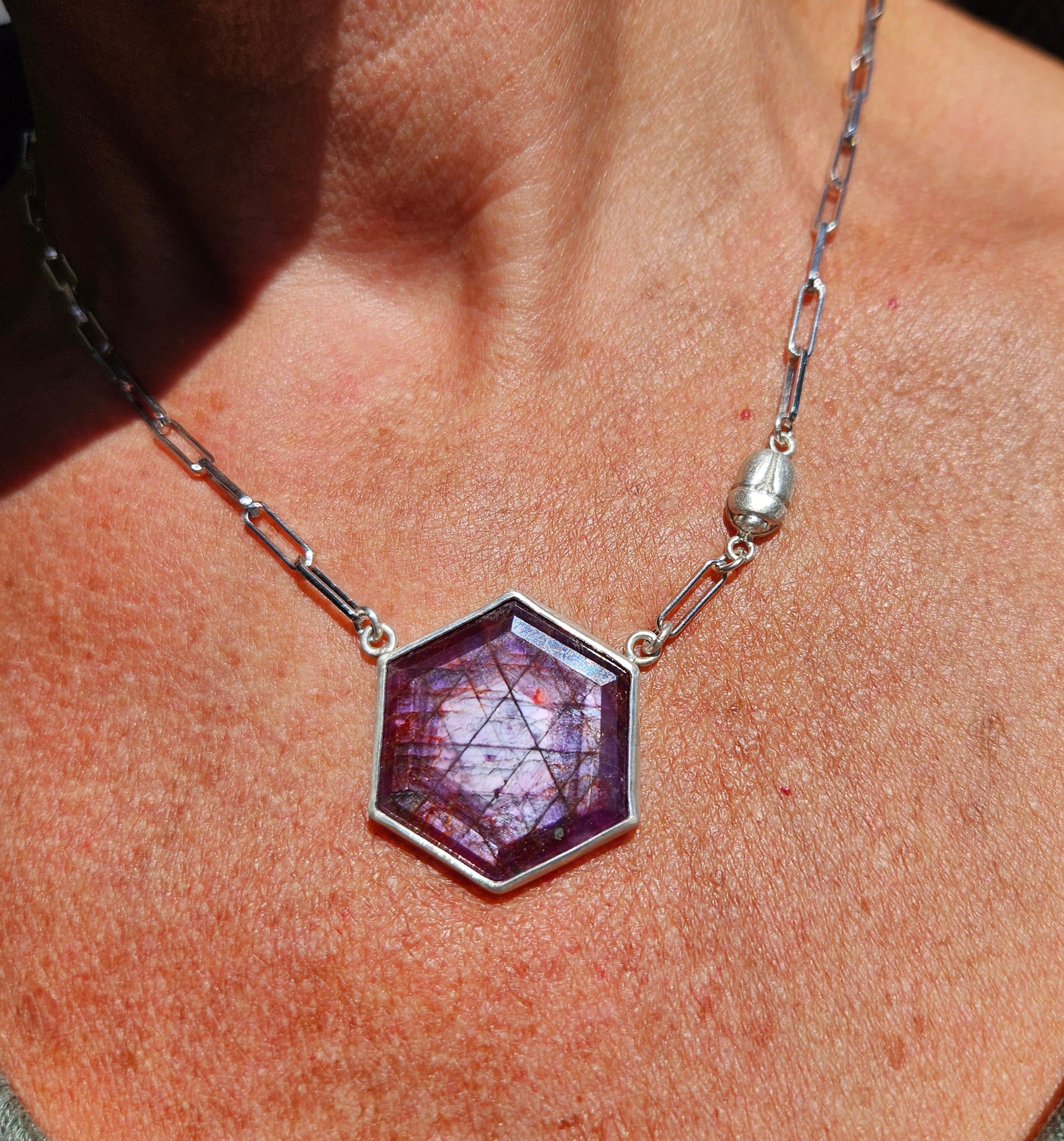Hexagon Purple/pink Sapphire Scarab necklace