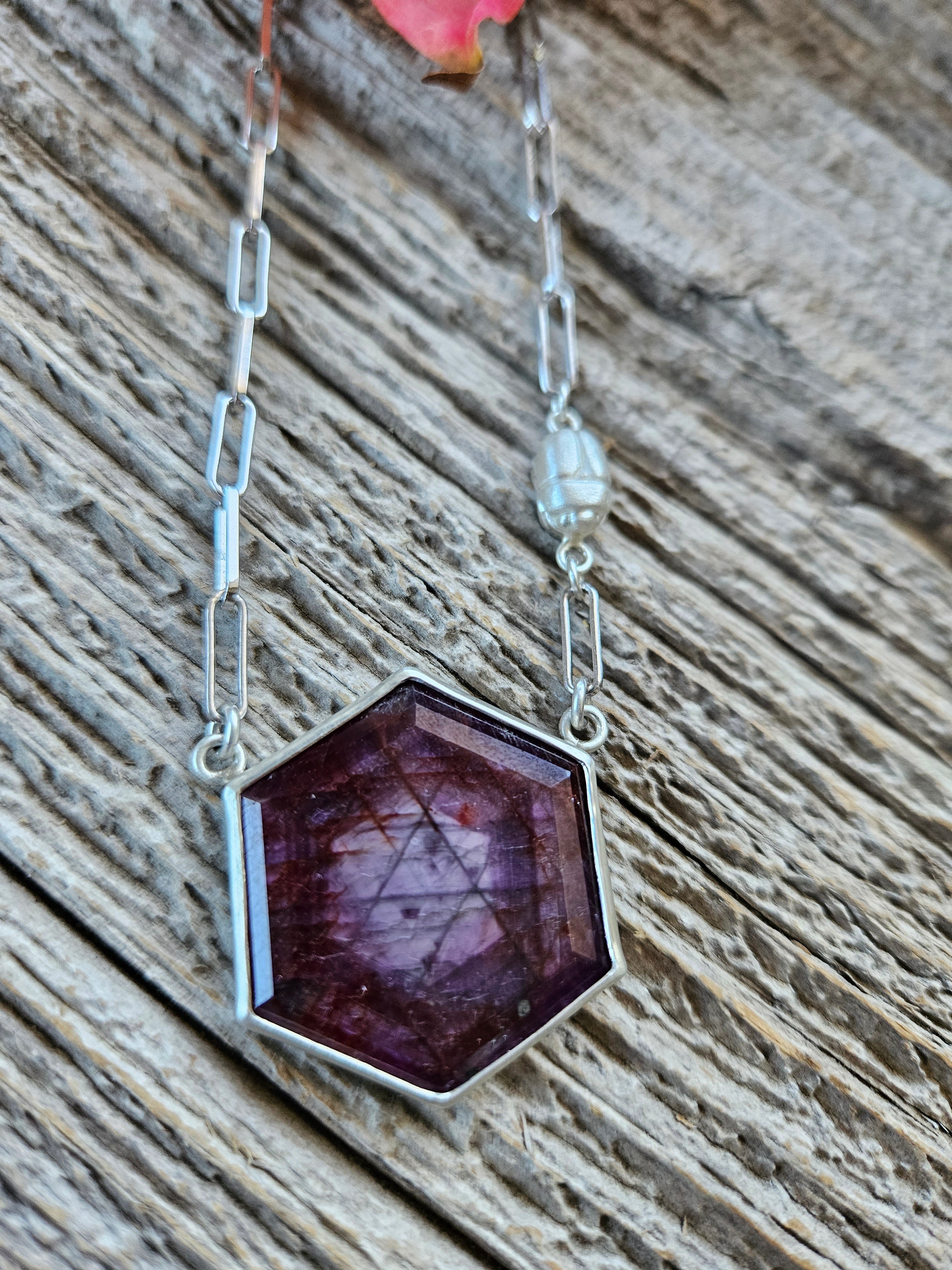 Hexagon Purple/pink Sapphire Scarab necklace