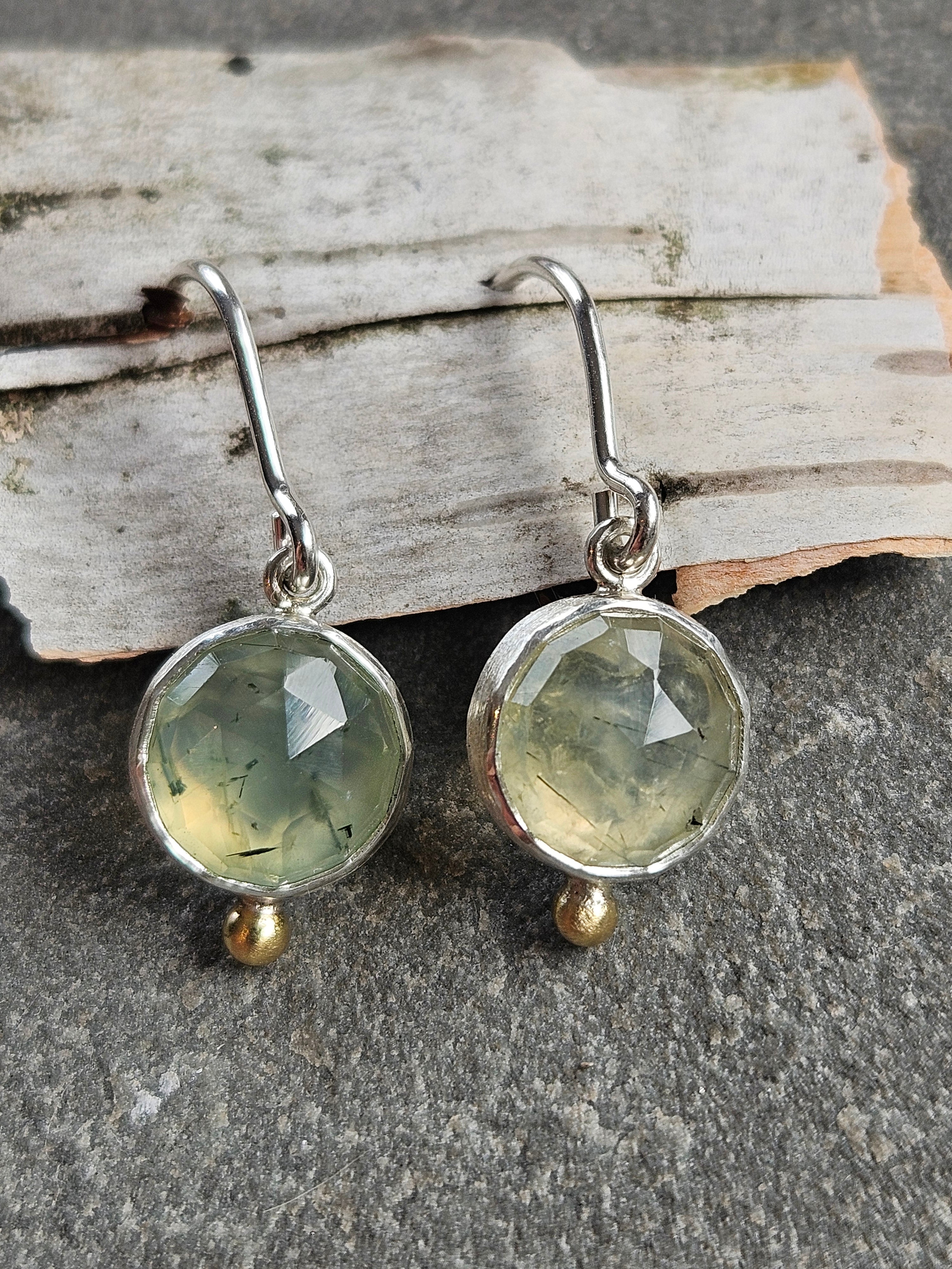 Green Prenite in Sterling silver and 18k gold accent earrings