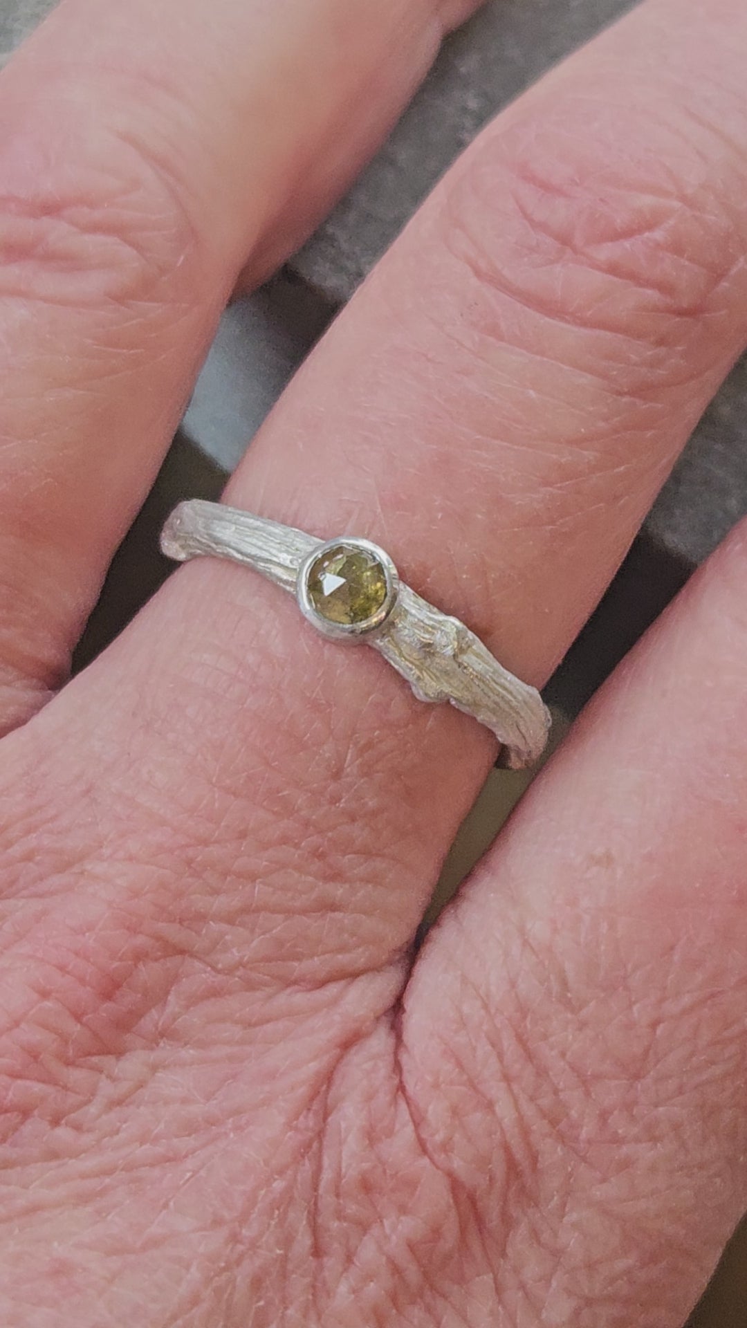 Yellow diamond in silver twig ring