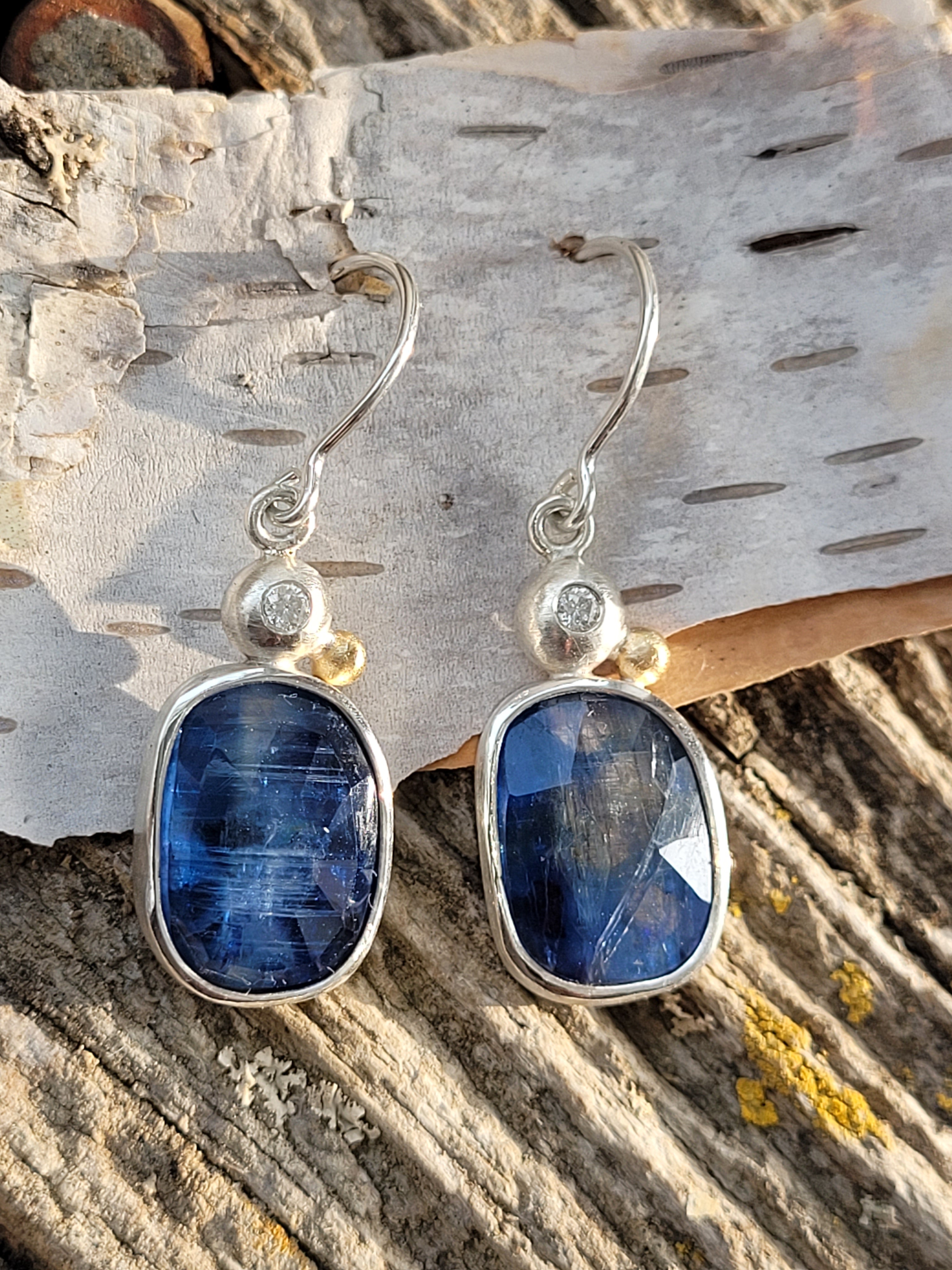Blue Rose Cut Kyanite and diamond Earrings, Set in Sterling silver and 18k gold accent