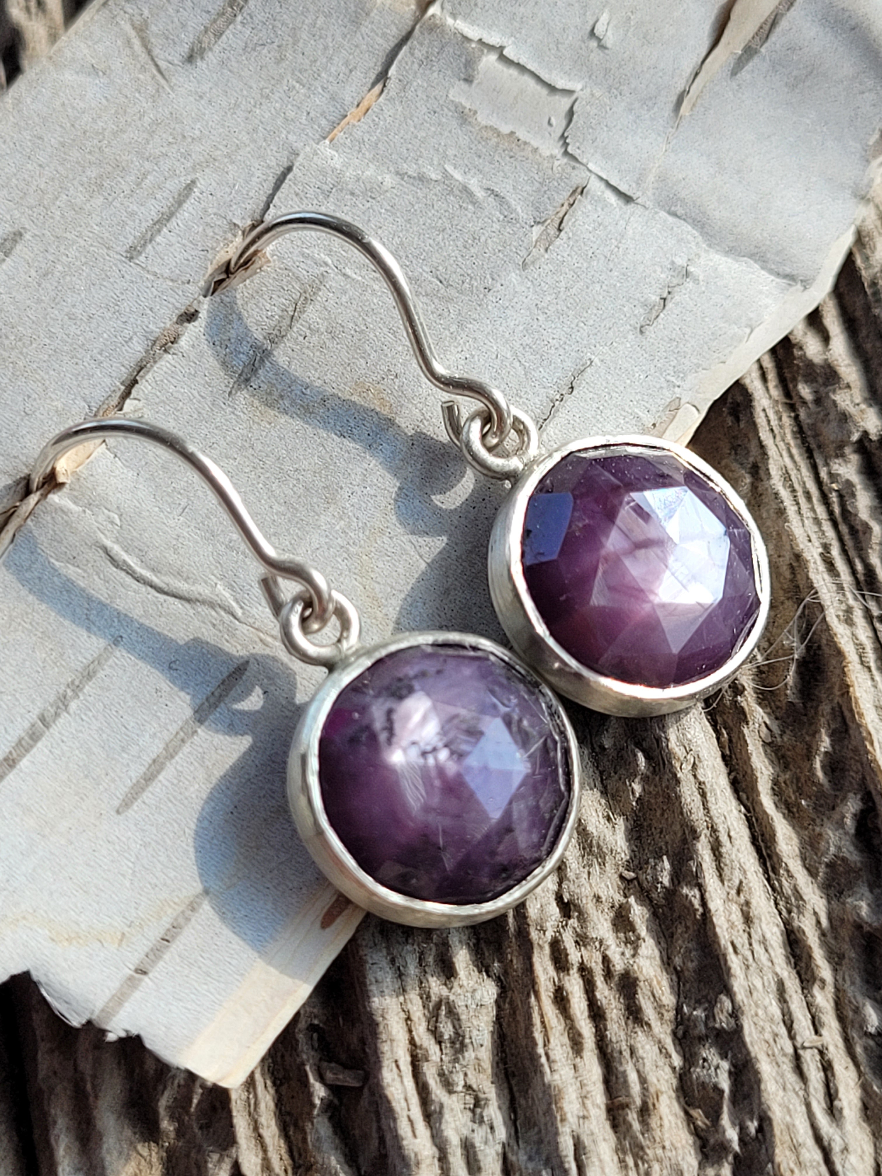 Purple Rose Cut Sapphire Earrings, Set in Sterling silver