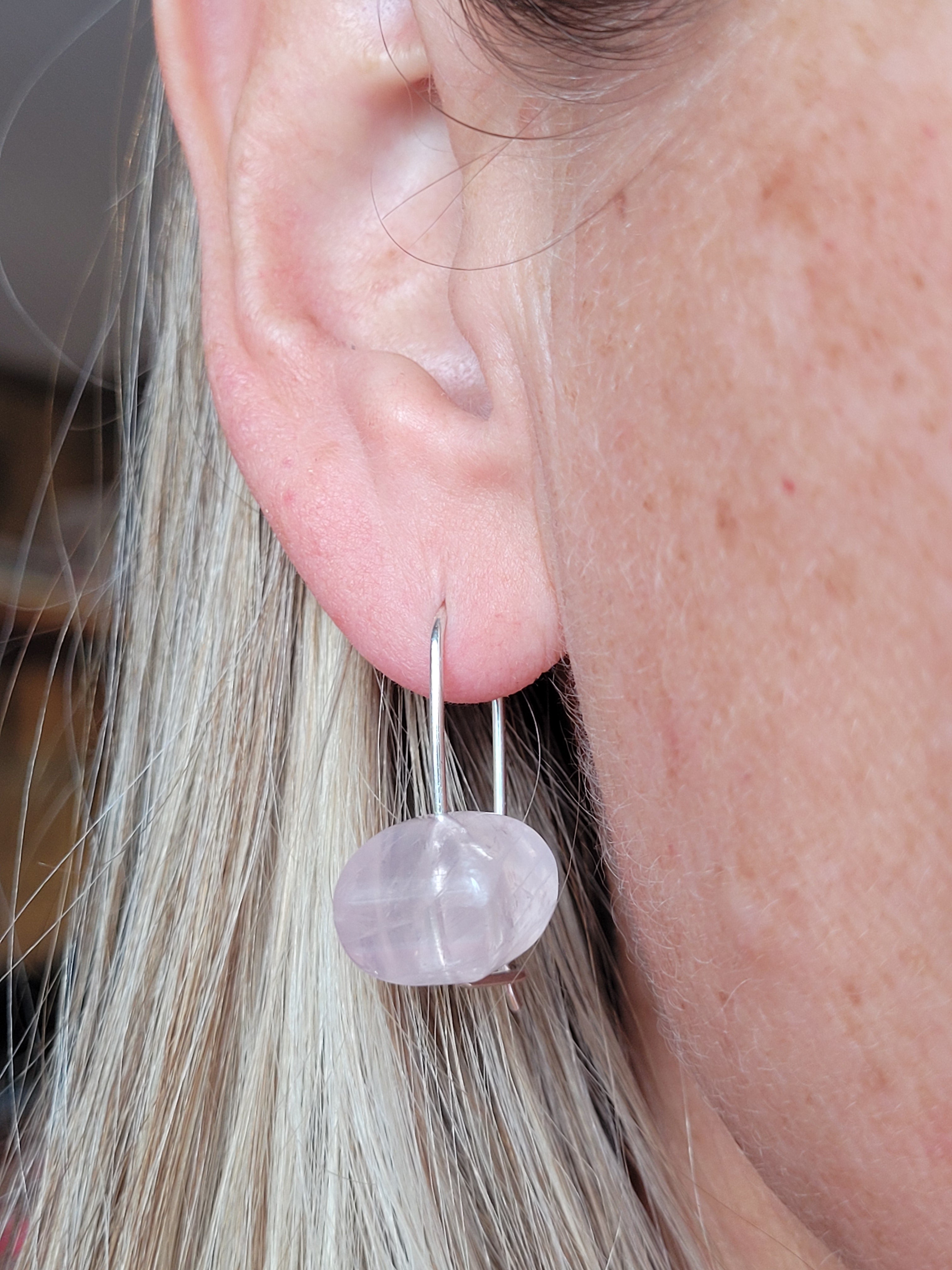Big Rose Quartz square puffs earrings