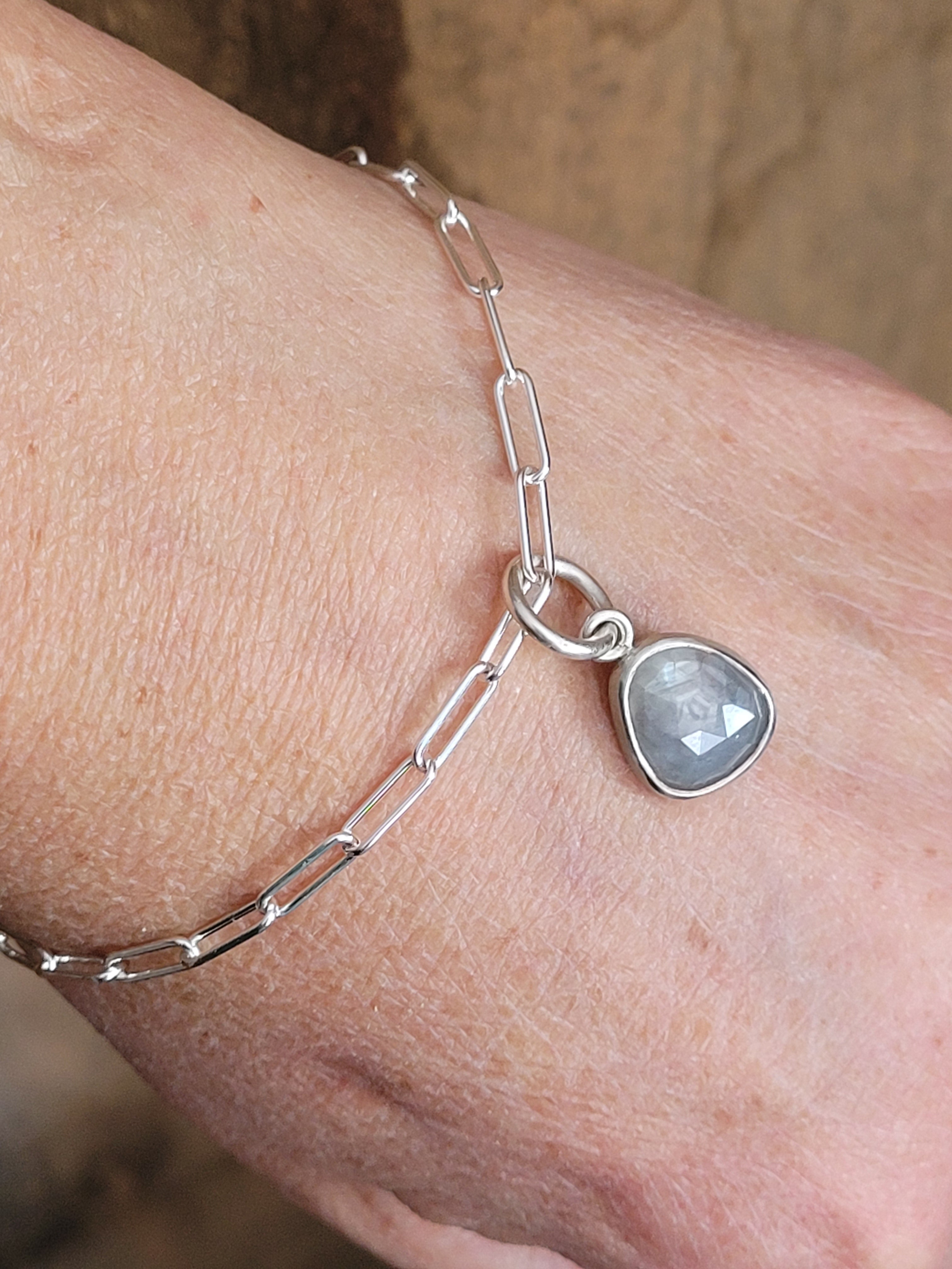 Natural Gray Rosecut Sapphire charm set in Sterling Silver on a Paperclip Bracelet or Necklace