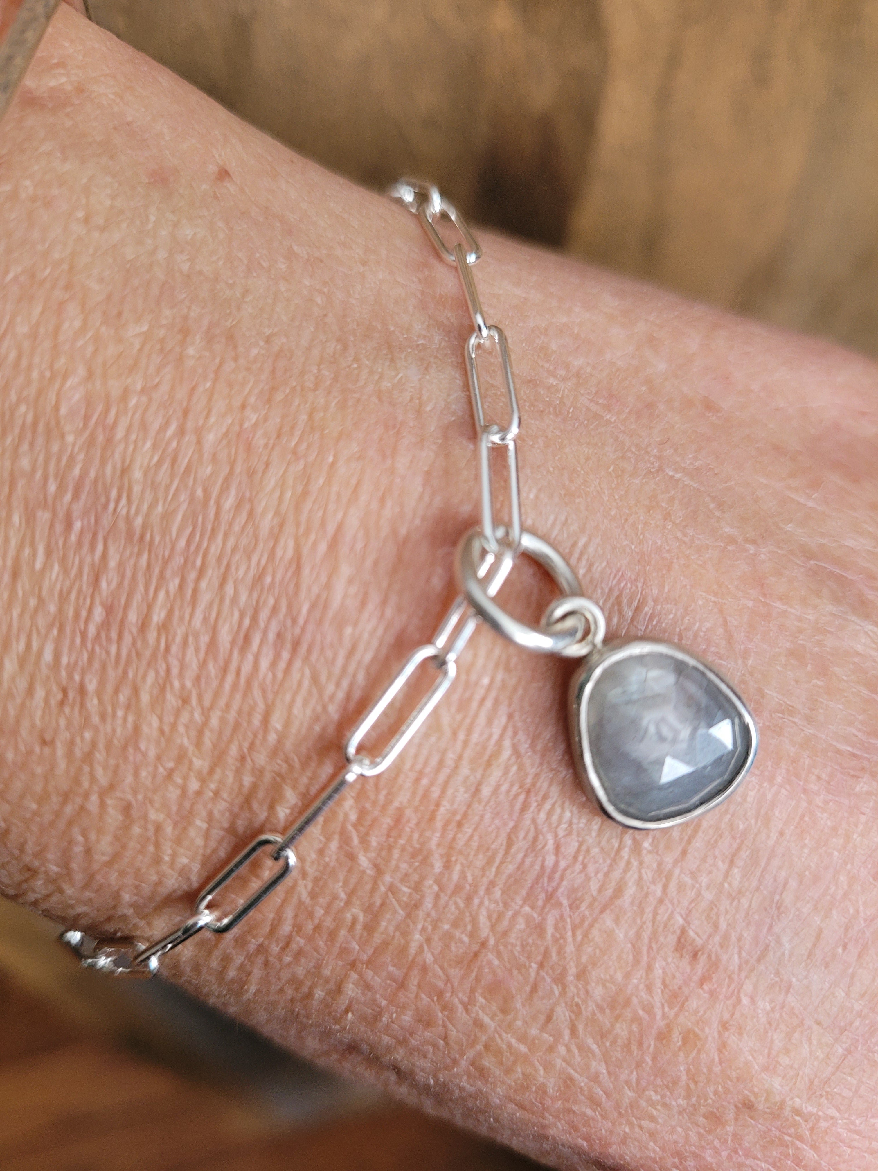 Natural Gray Rosecut Sapphire charm set in Sterling Silver on a Paperclip Bracelet or Necklace