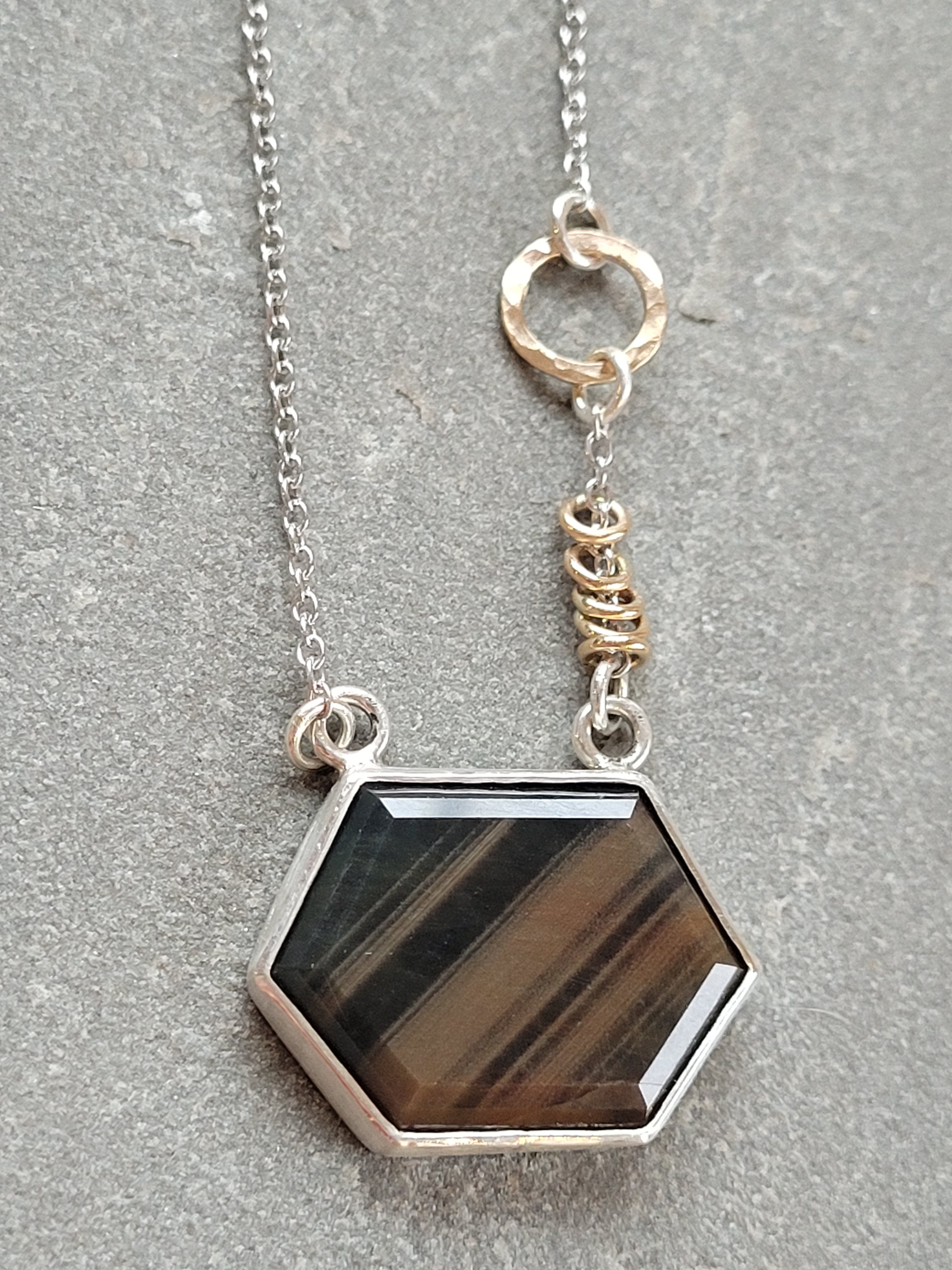 Blue /bronze Banded elongated Hexagon Sapphire Necklace