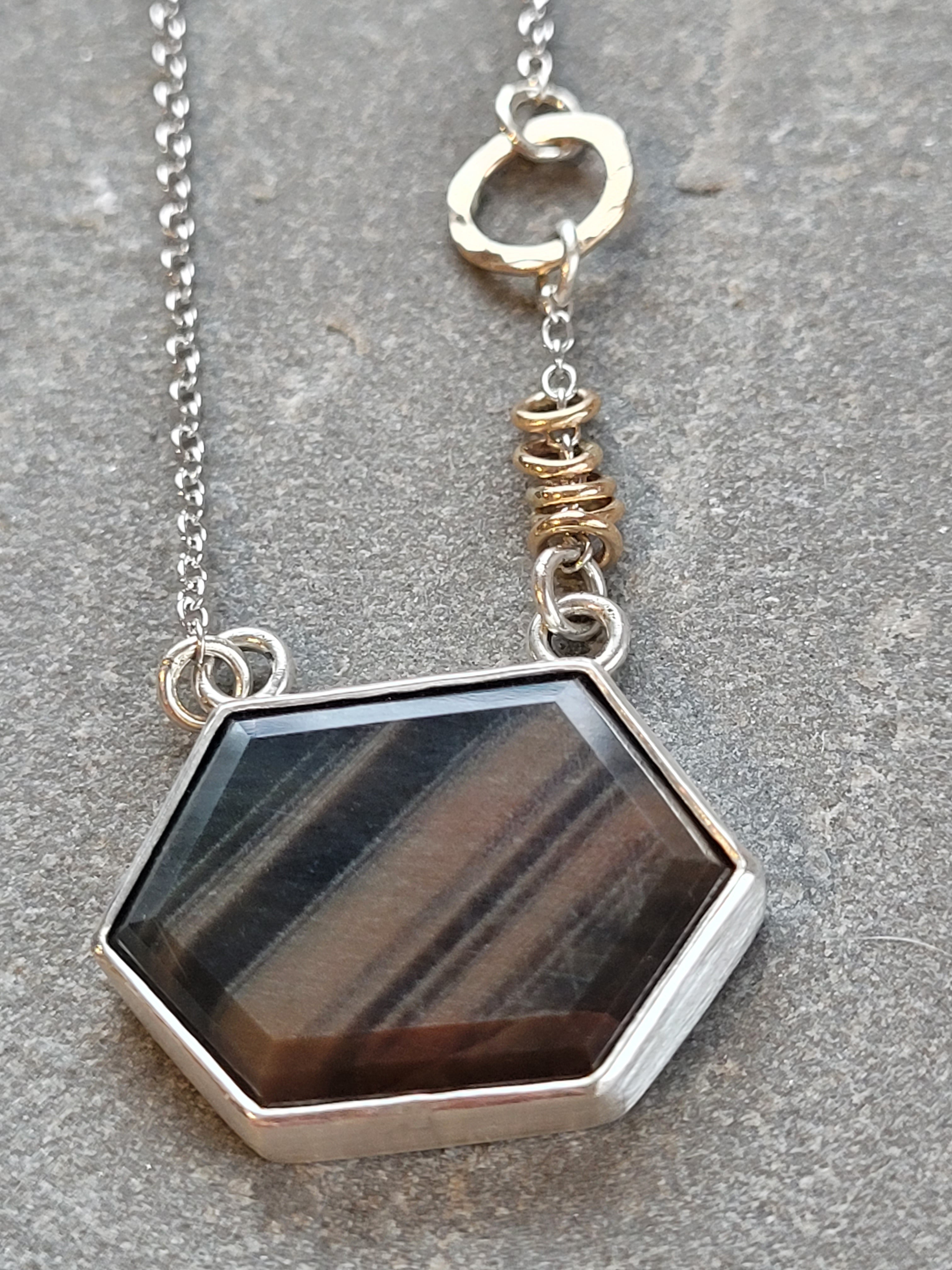 Blue /bronze Banded elongated Hexagon Sapphire Necklace