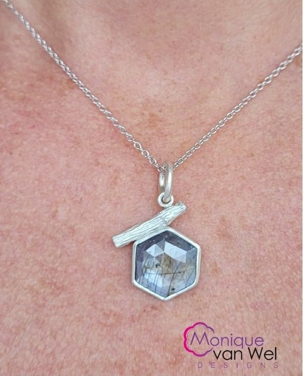 Gray/lavender Hexagon Sapphire Twig Pendant in Sterling Silver