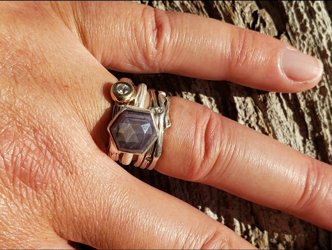 Lavender/gray hexagon Sapphire Twig Ring in Sterling Silver