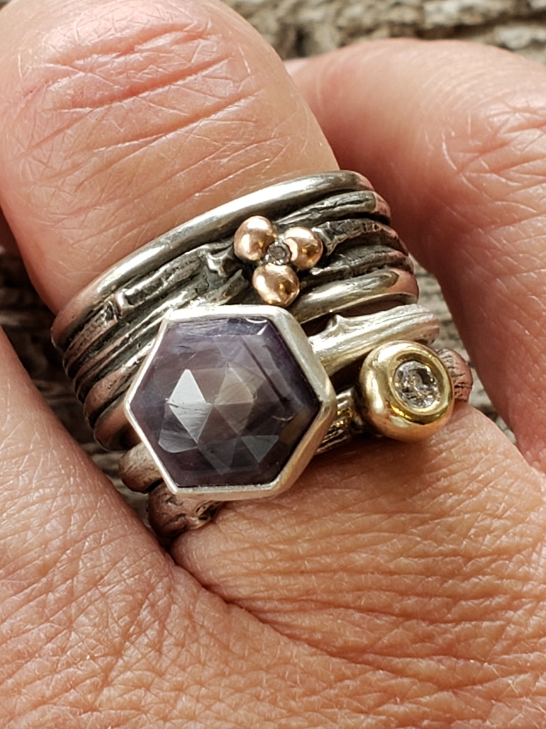 Lavender/gray hexagon Sapphire Twig Ring in Sterling Silver