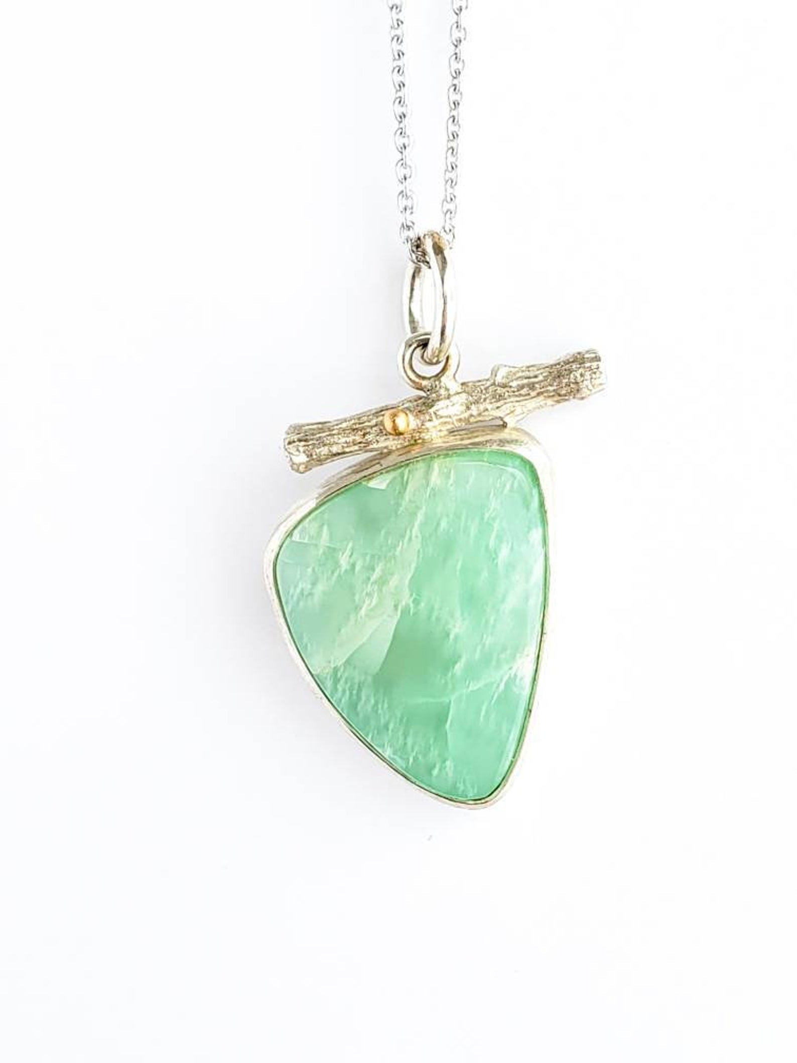 Parrot Green Moonstone Twig Pendant in18k Gold and Sterling Silver