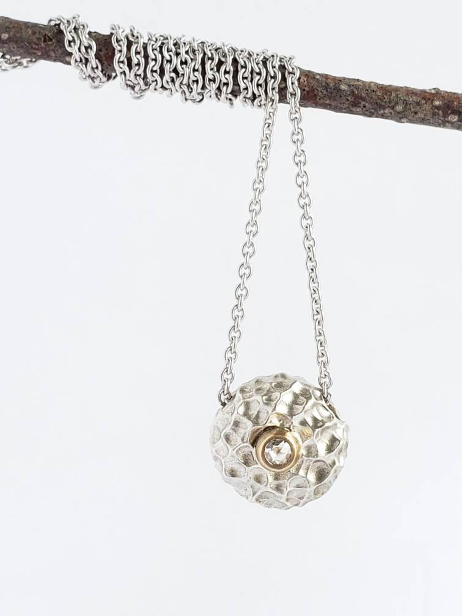 Luna, Textured Sterling Silver, 14k Gold and Diamond Pendant