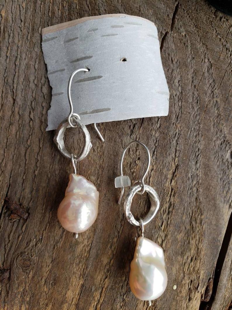 Peach Baroque Pearl and Twig Earrings