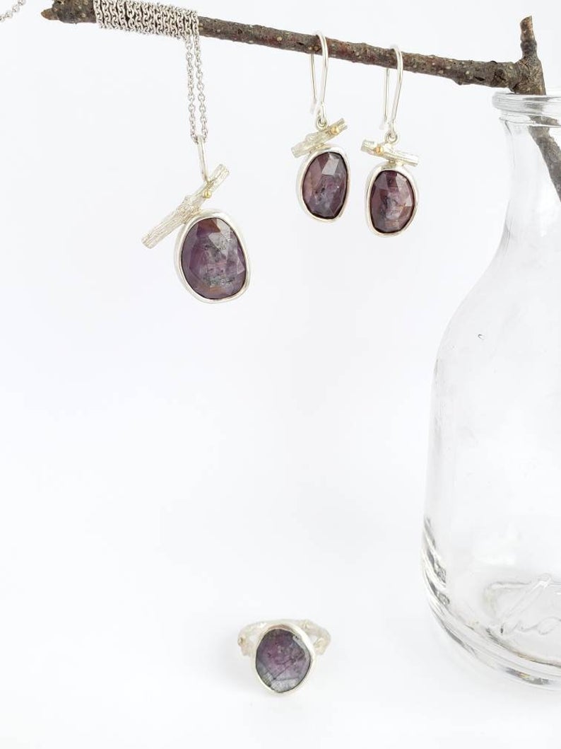 Purple Sapphire Twig Earrings in Sterling Silver and 18k Yellow Gold