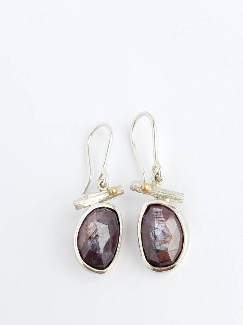 Purple Sapphire Twig Earrings in Sterling Silver and 18k Yellow Gold