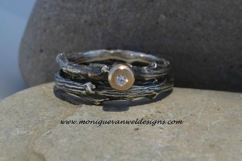 Stackable Silver, Twig Diamond Ring